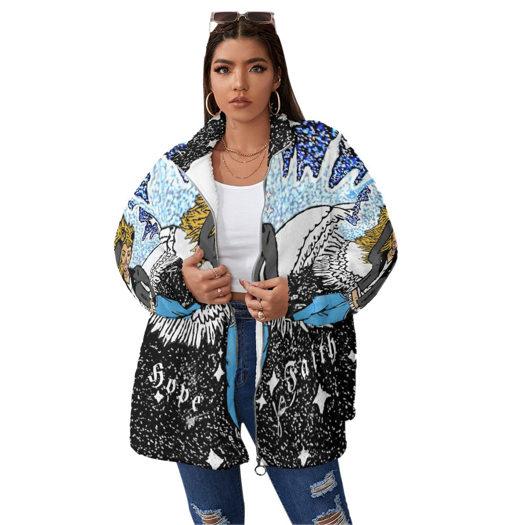 All-Over Print Unisex Borg Fleece Stand-up Collar Coat With Zipper Closure(Plus Size)