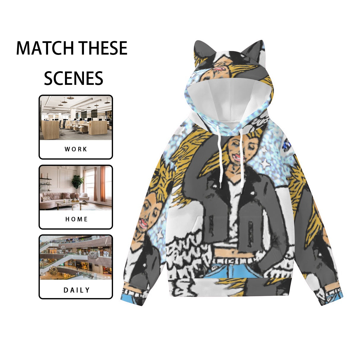 All-Over Print Women’s Hoodie With Decorative Ears