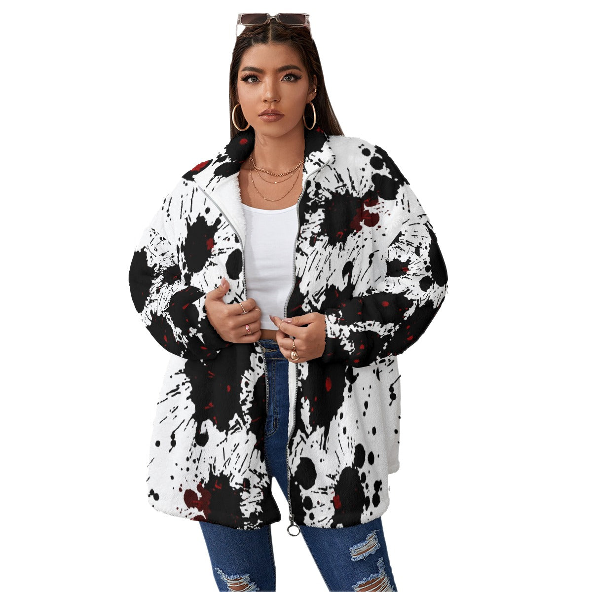 All-Over Print Unisex Borg Fleece Stand-up Collar Coat With Zipper Closure(Plus Size)