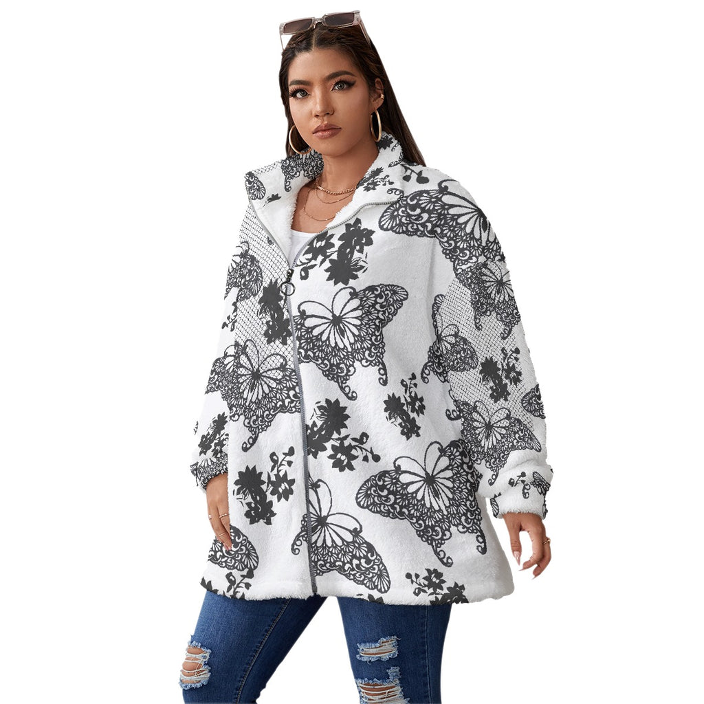 All-Over Print Unisex Borg Fleece Stand-up Collar Coat With Zipper Closure(Plus Size)