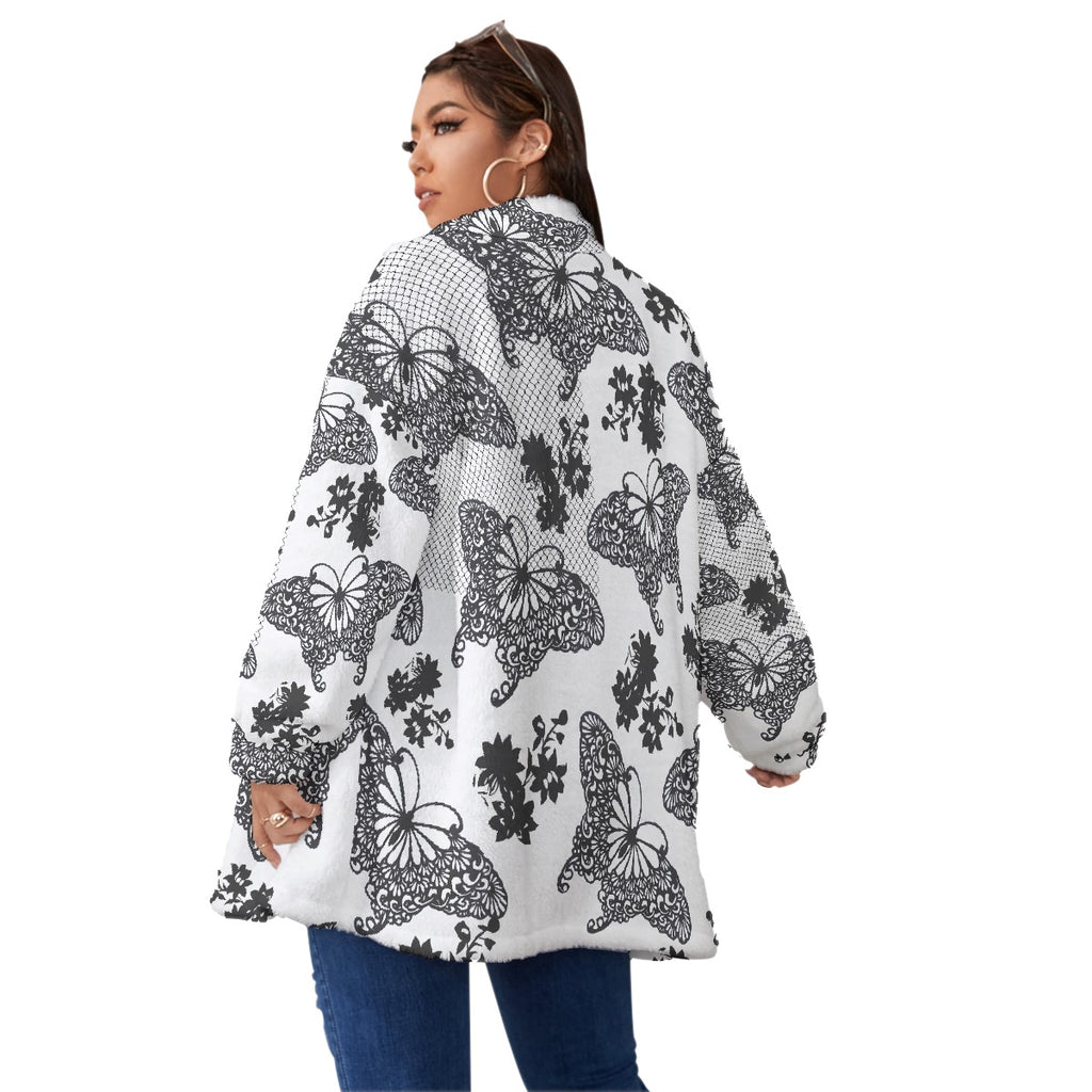 All-Over Print Unisex Borg Fleece Stand-up Collar Coat With Zipper Closure(Plus Size)