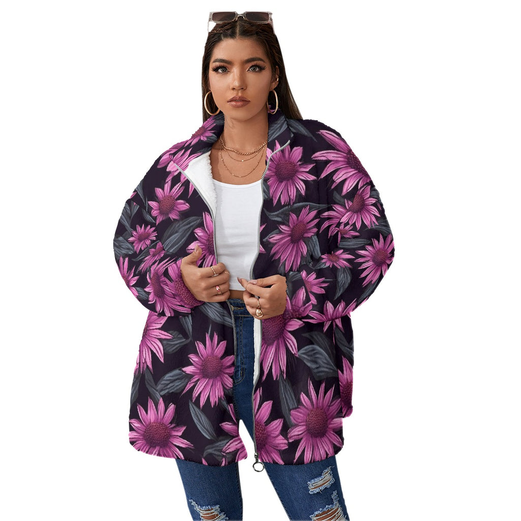 All-Over Print Unisex Borg Fleece Stand-up Collar Coat With Zipper Closure(Plus Size)