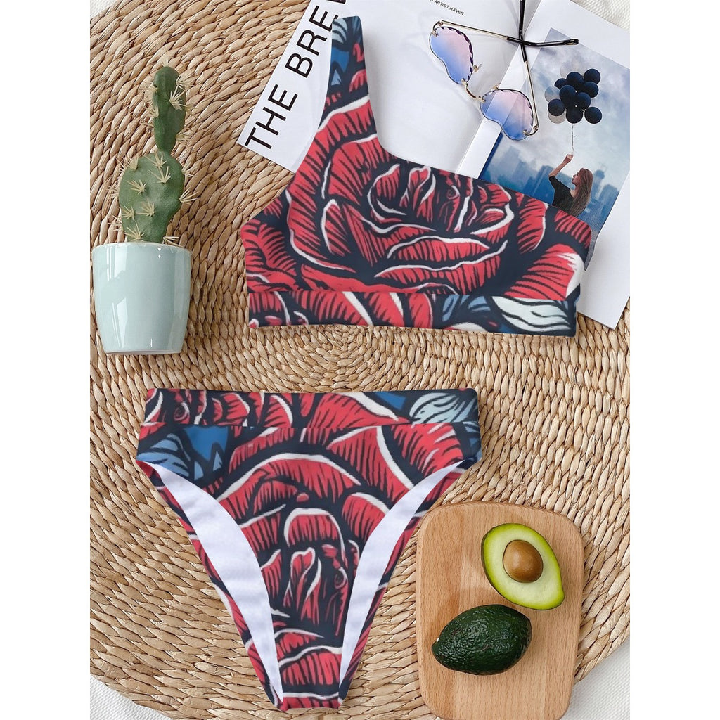 All-Over Print Women's Bikini With Single Shoulder