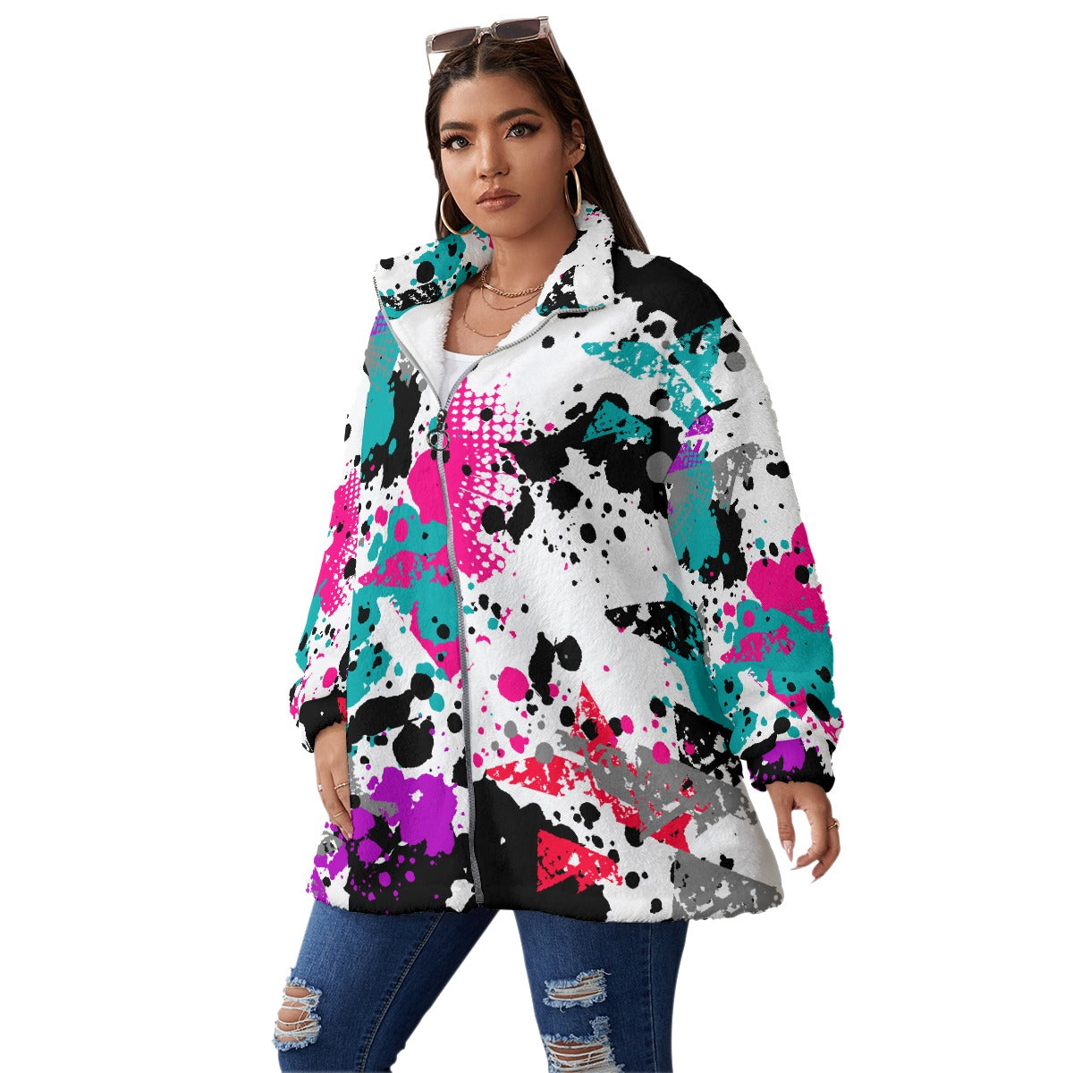 All-Over Print Unisex Borg Fleece Stand-up Collar Coat With Zipper Closure(Plus Size)