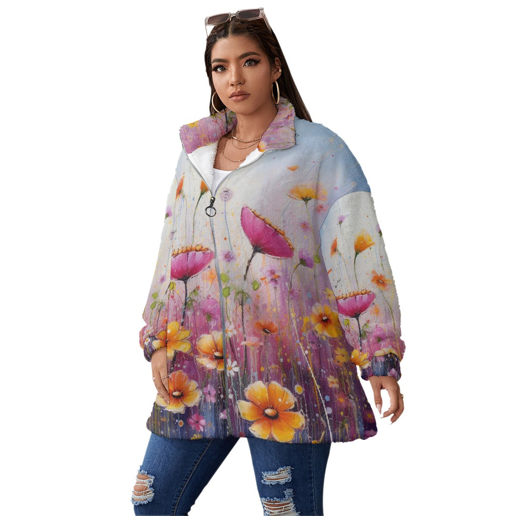 All-Over Print Unisex Borg Fleece Stand-up Collar Coat With Zipper Closure(Plus Size)