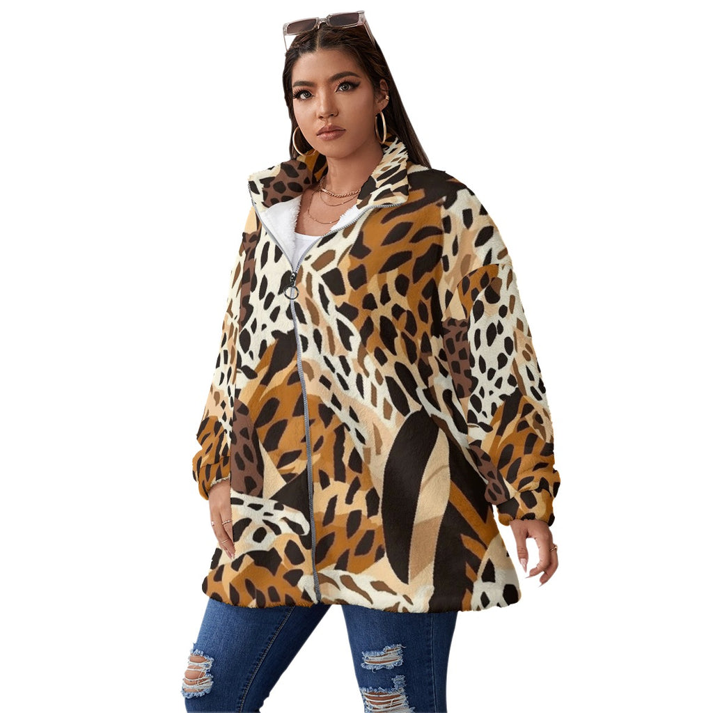 All-Over Print Unisex Borg Fleece Stand-up Collar Coat With Zipper Closure(Plus Size)