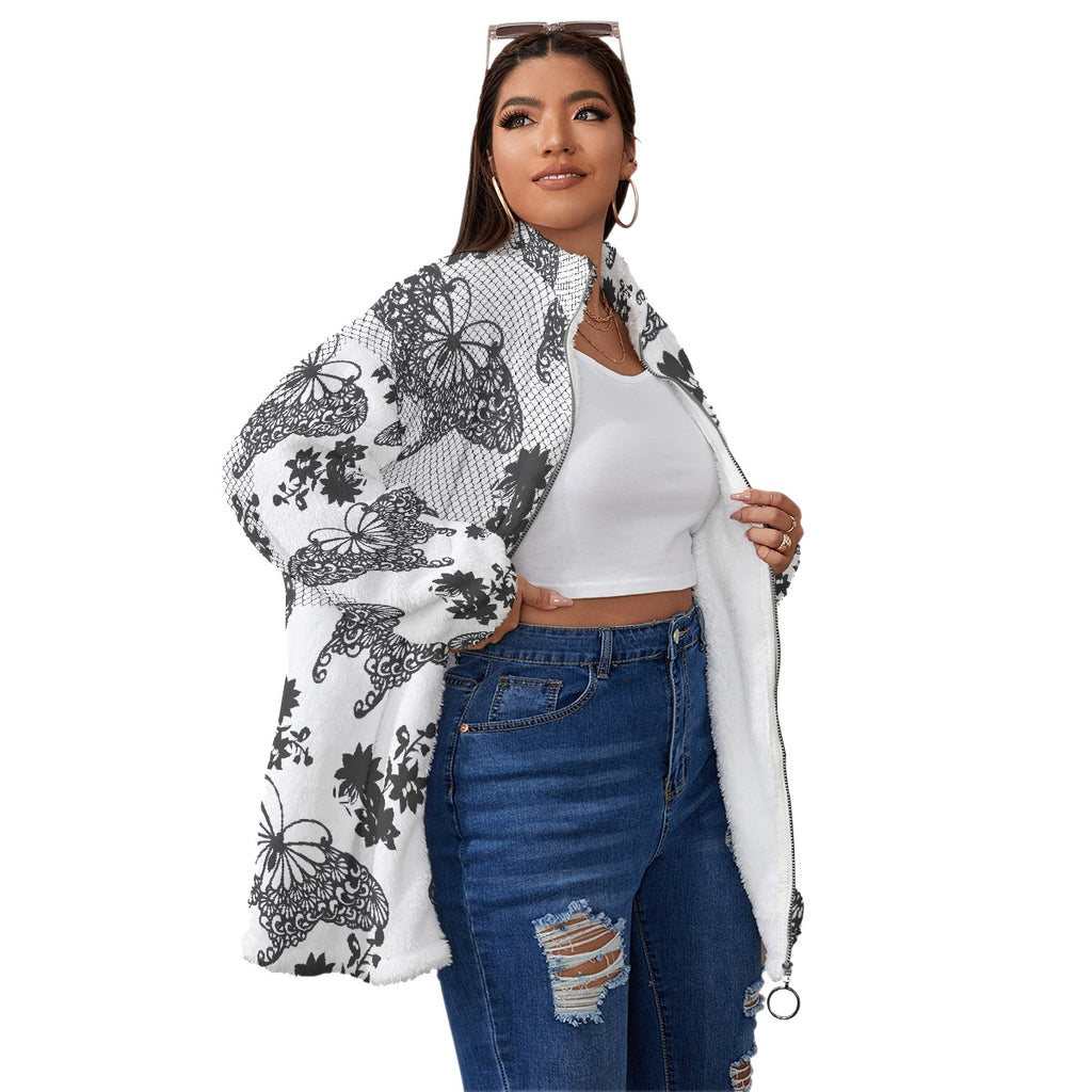 All-Over Print Unisex Borg Fleece Stand-up Collar Coat With Zipper Closure(Plus Size)