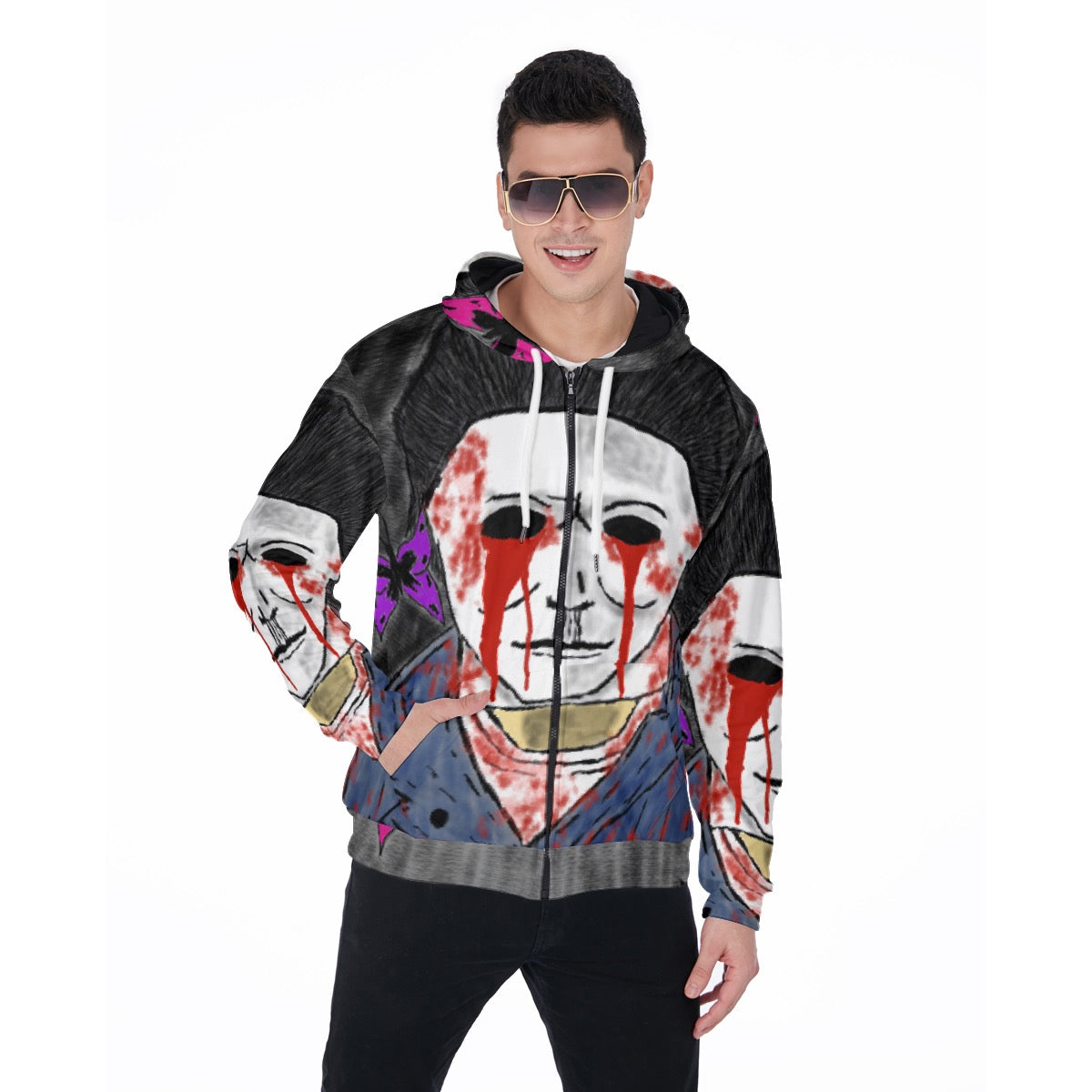 All-Over Print Zip Up Hoodie With Pocket