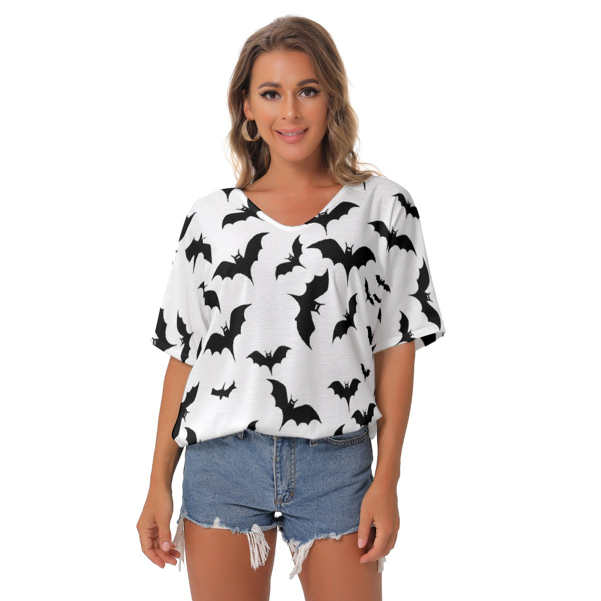 All-Over Print Women's Bat Sleeves V-Neck Blouse