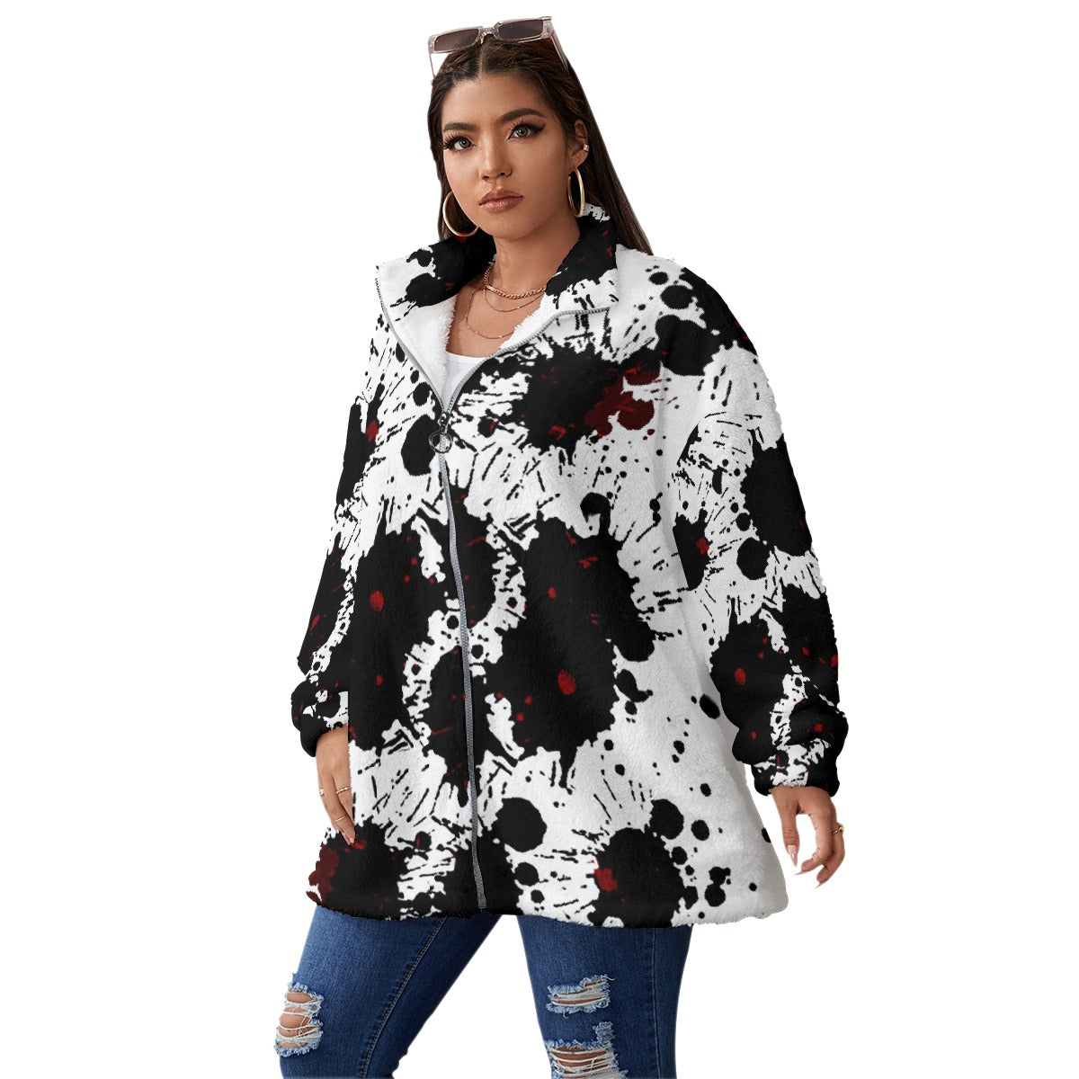 All-Over Print Unisex Borg Fleece Stand-up Collar Coat With Zipper Closure(Plus Size)