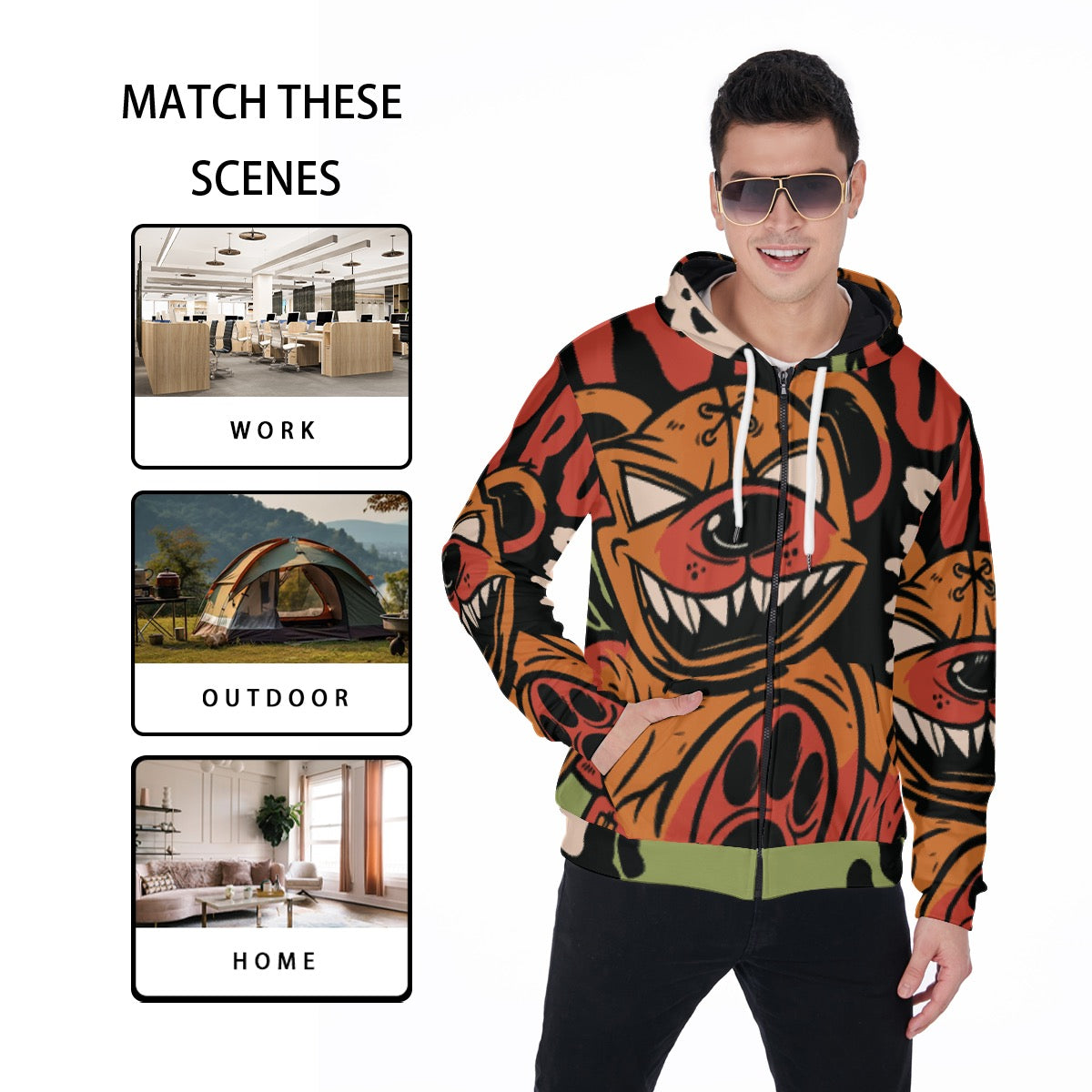 All-Over Print Zip Up Hoodie With Pocket