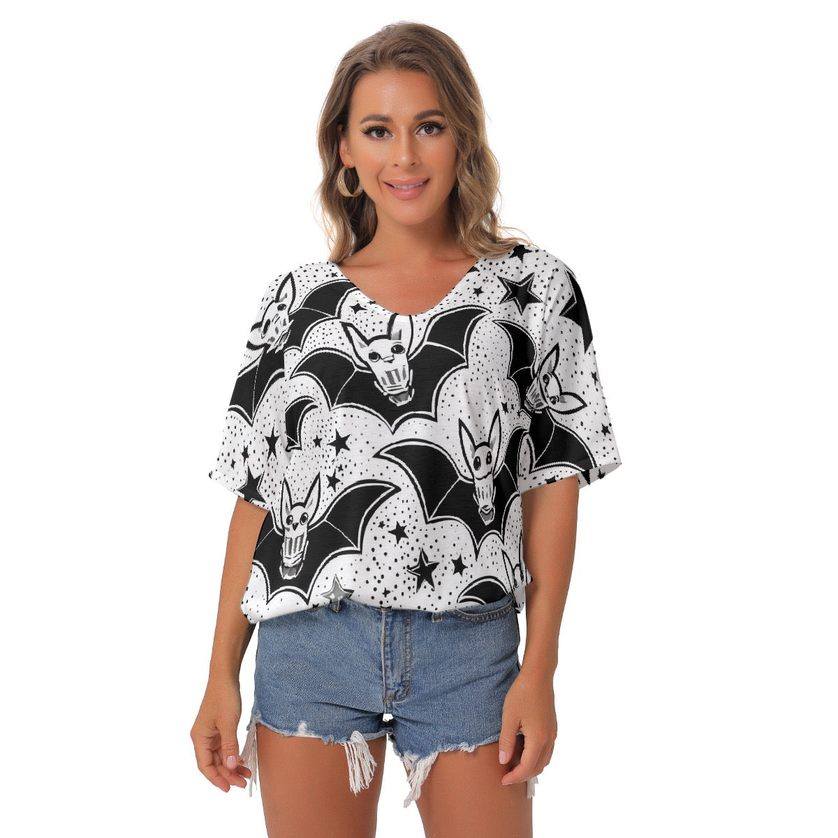 All-Over Print Women's Bat Sleeves V-Neck Blouse