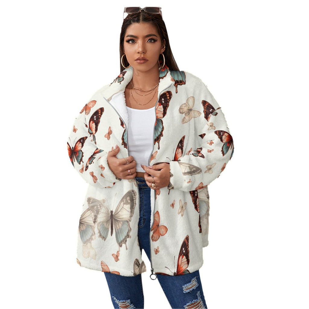 All-Over Print Unisex Borg Fleece Stand-up Collar Coat With Zipper Closure(Plus Size)