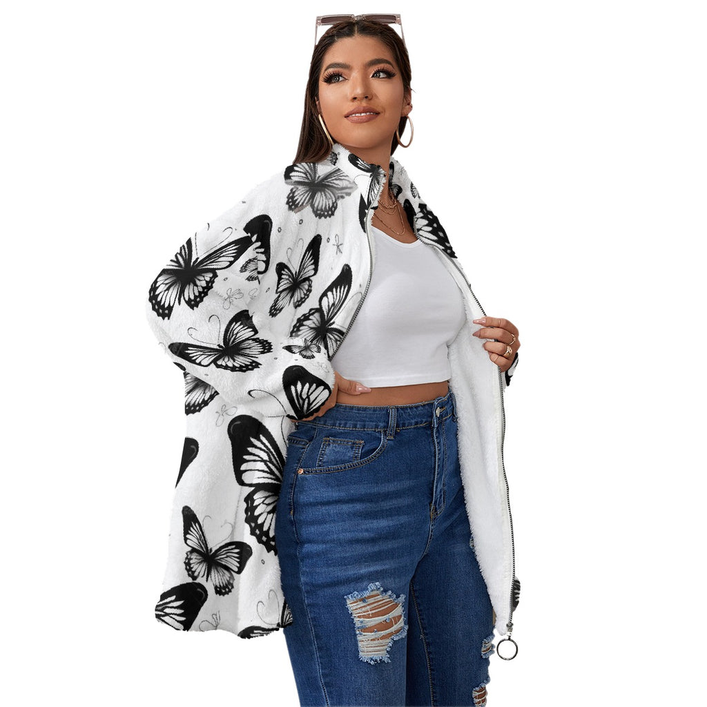 All-Over Print Unisex Borg Fleece Stand-up Collar Coat With Zipper Closure(Plus Size)