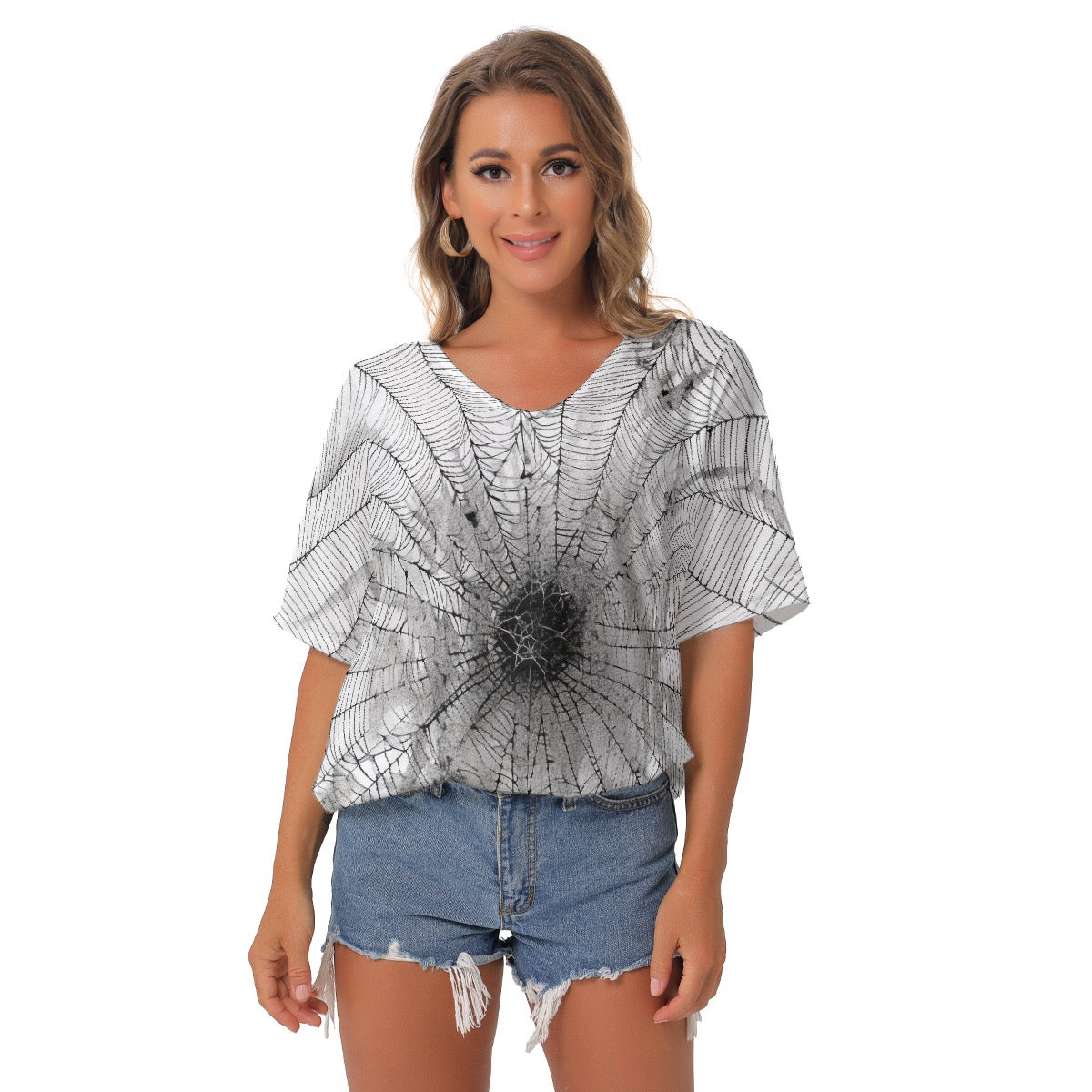 All-Over Print Women's Bat Sleeves V-Neck Blouse