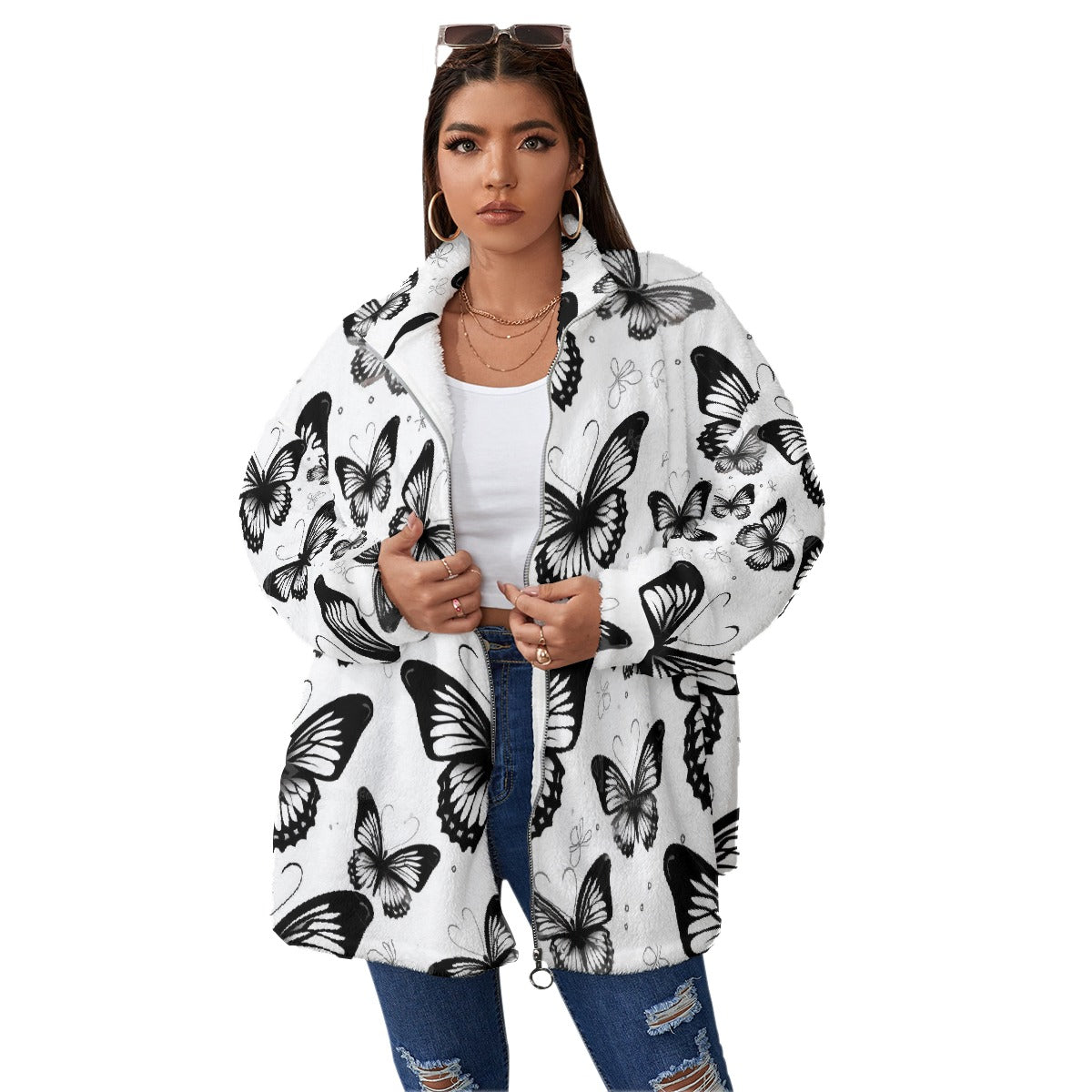 All-Over Print Unisex Borg Fleece Stand-up Collar Coat With Zipper Closure(Plus Size)