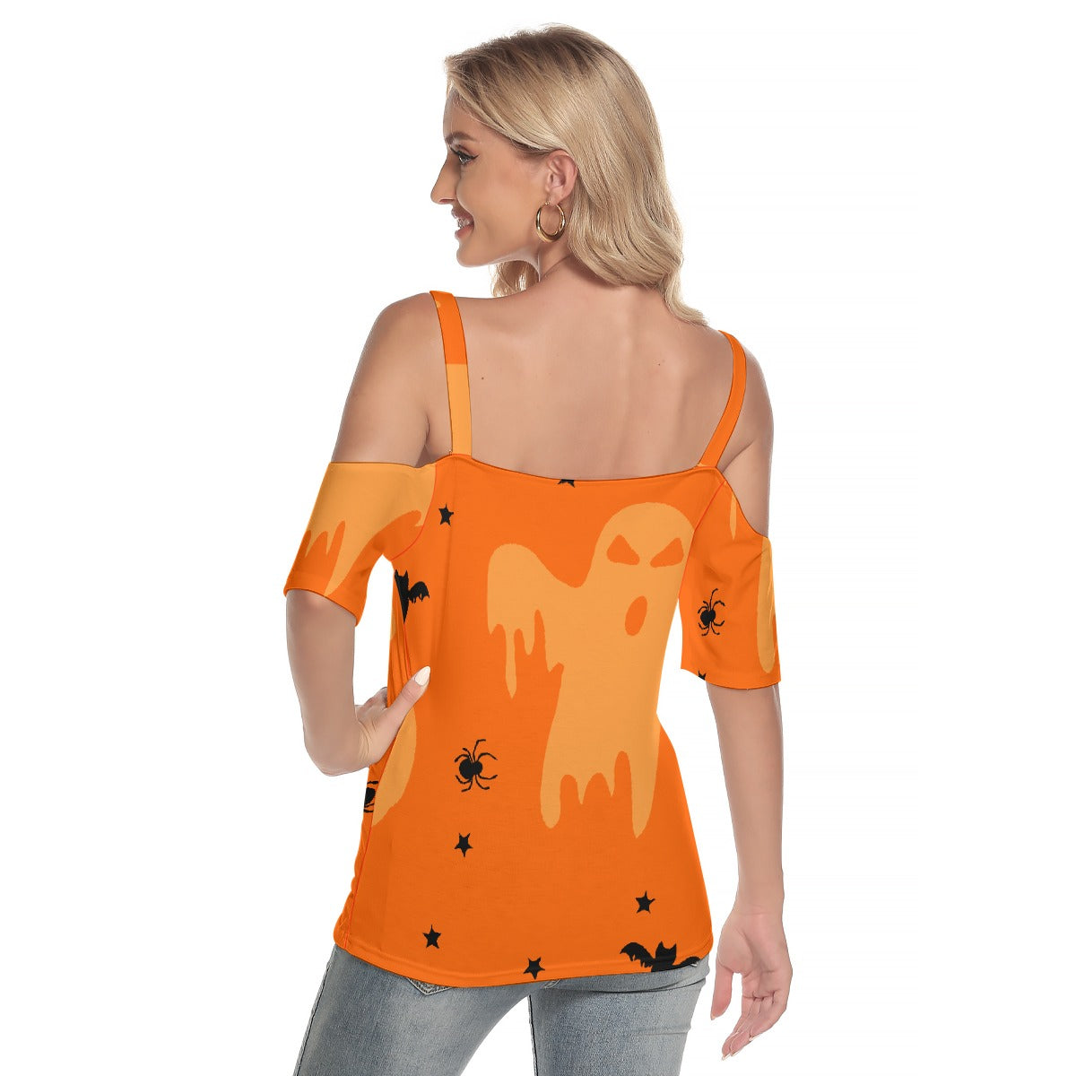 All-Over Print Women's Cold Shoulder T-shirt With Criss Cross Strips
