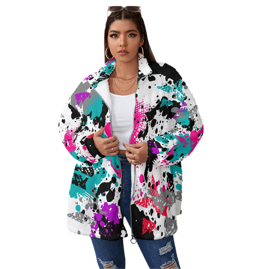 All-Over Print Unisex Borg Fleece Stand-up Collar Coat With Zipper Closure(Plus Size)
