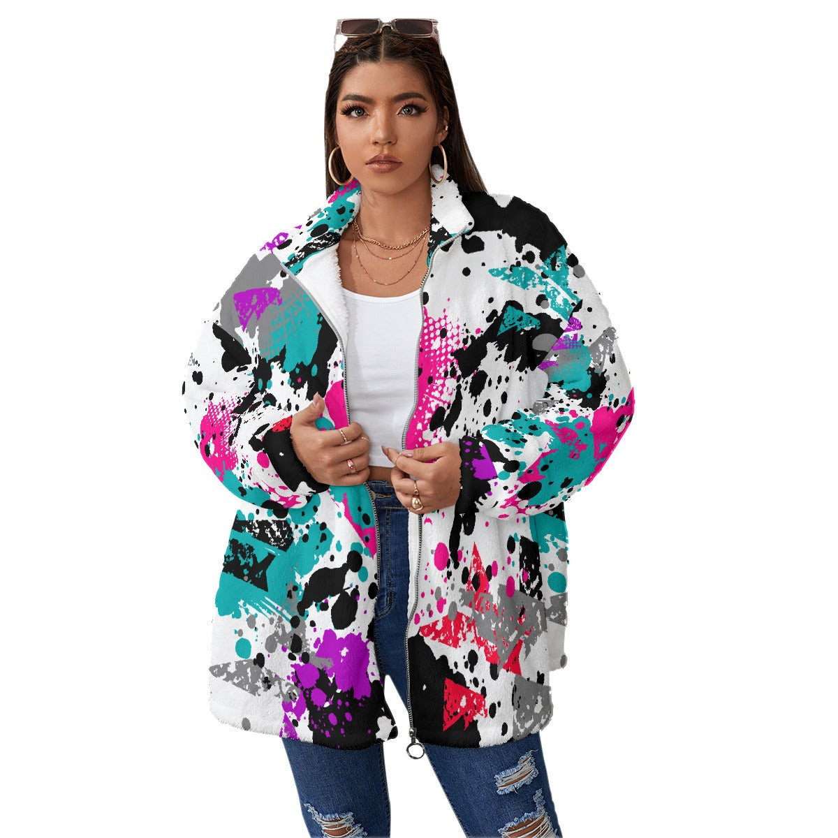 All-Over Print Unisex Borg Fleece Stand-up Collar Coat With Zipper Closure(Plus Size)
