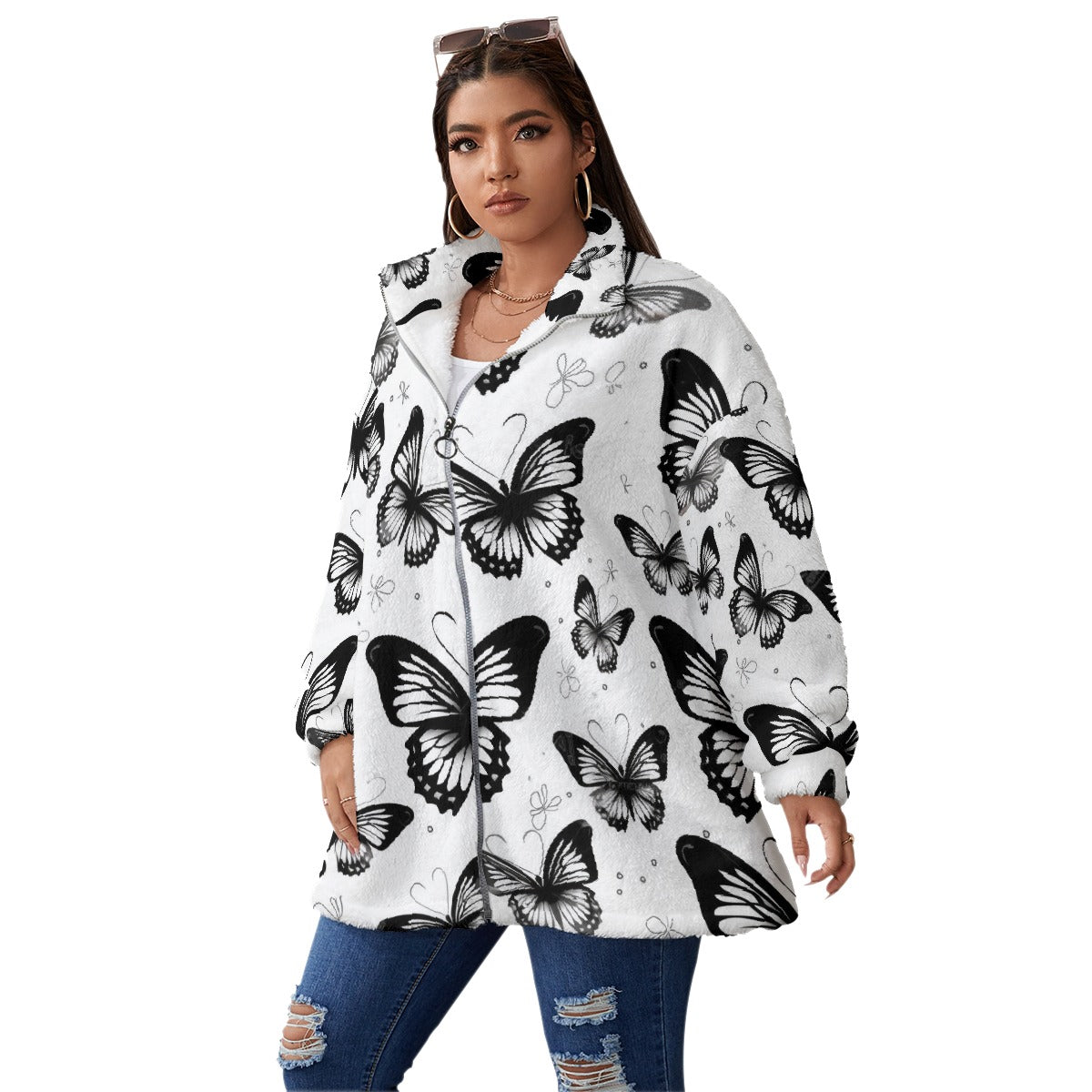 All-Over Print Unisex Borg Fleece Stand-up Collar Coat With Zipper Closure(Plus Size)