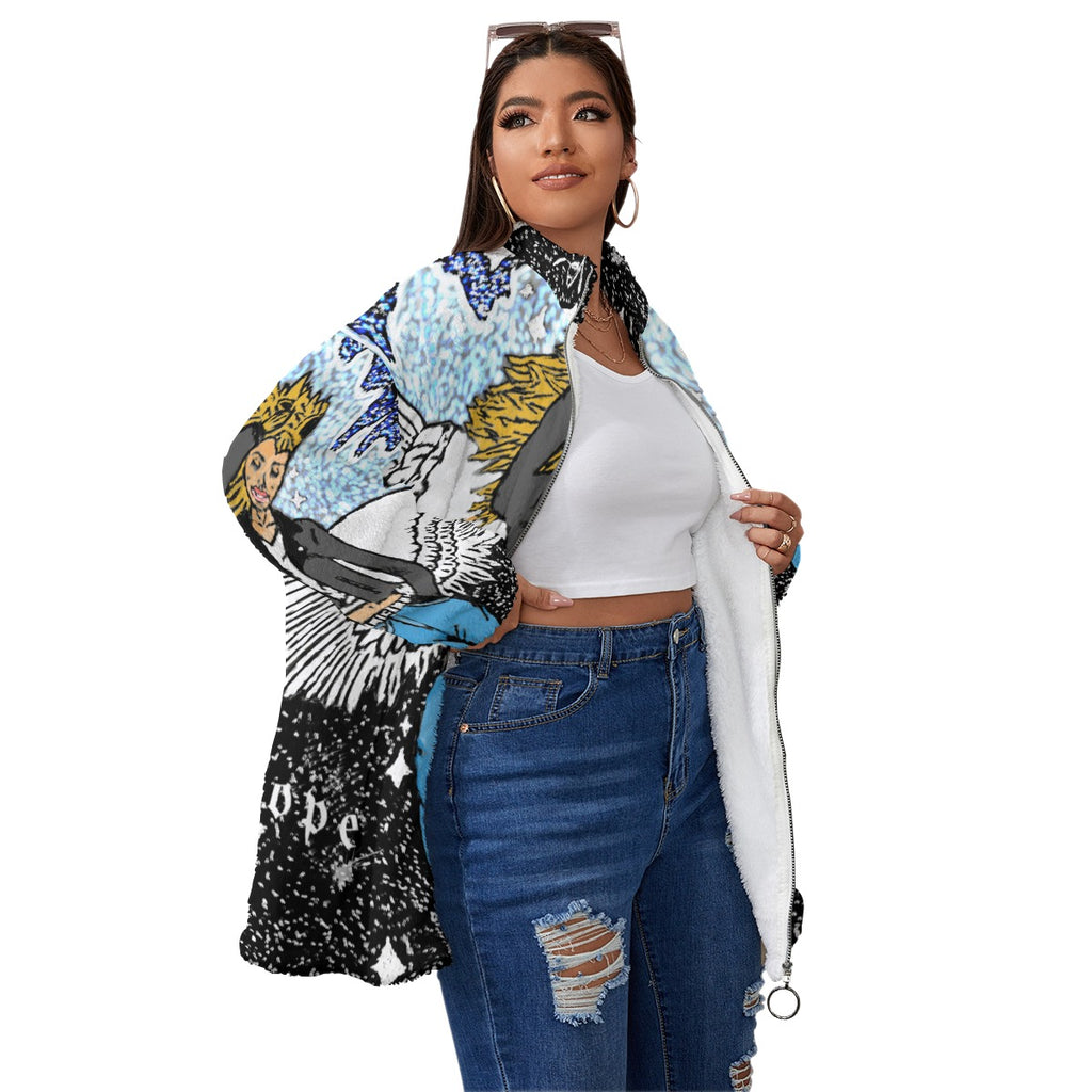 All-Over Print Unisex Borg Fleece Stand-up Collar Coat With Zipper Closure(Plus Size)