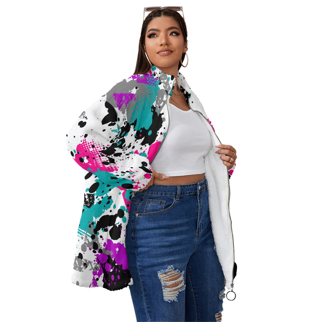 All-Over Print Unisex Borg Fleece Stand-up Collar Coat With Zipper Closure(Plus Size)