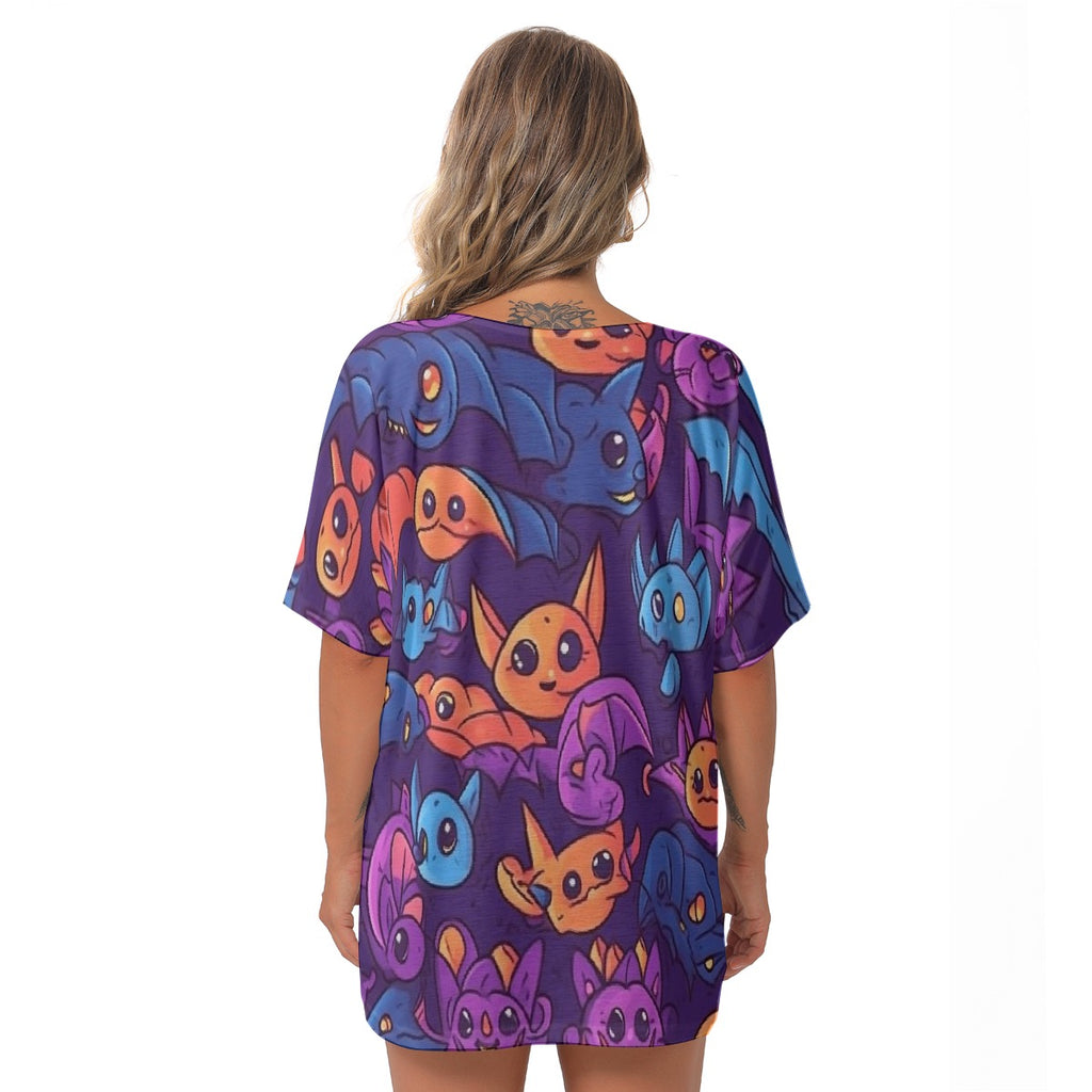 All-Over Print Women's Bat Sleeves V-Neck Blouse