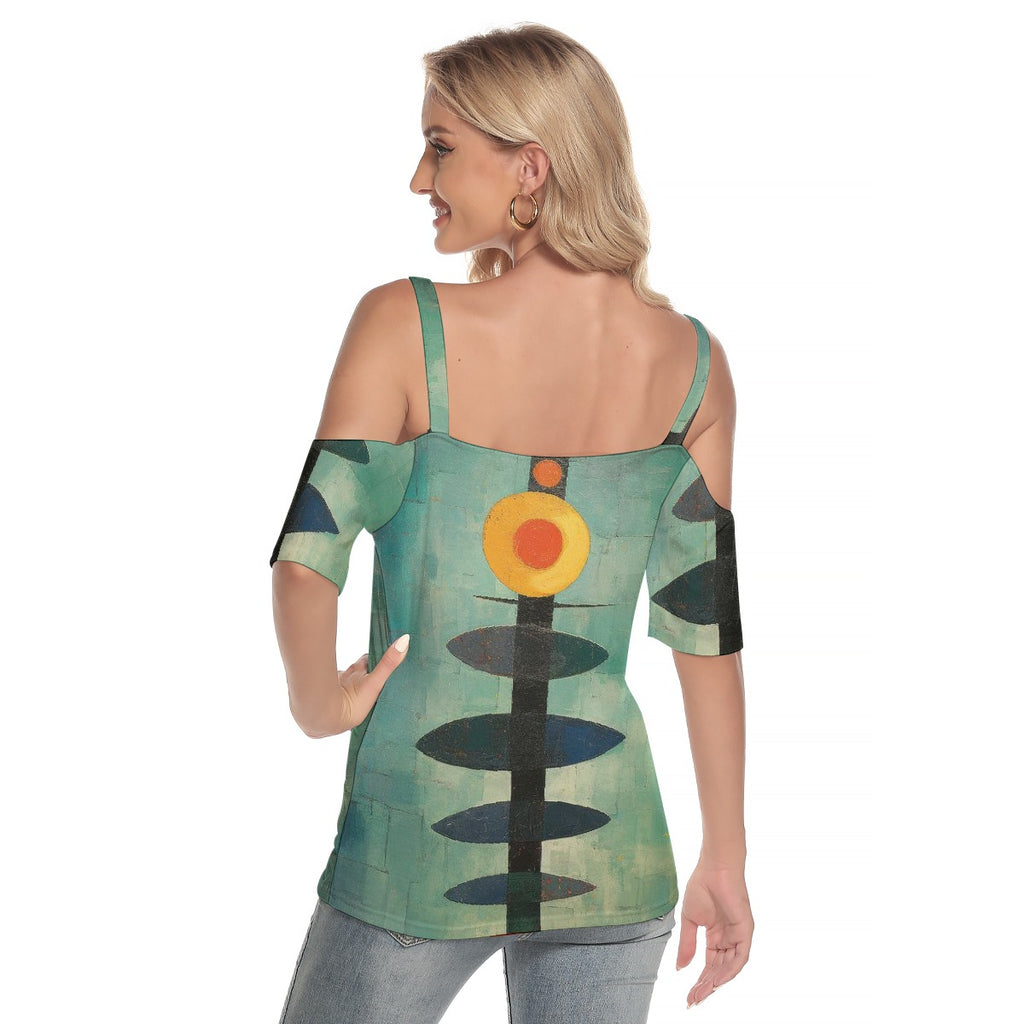 All-Over Print Women's Cold Shoulder T-shirt With Criss Cross Strips