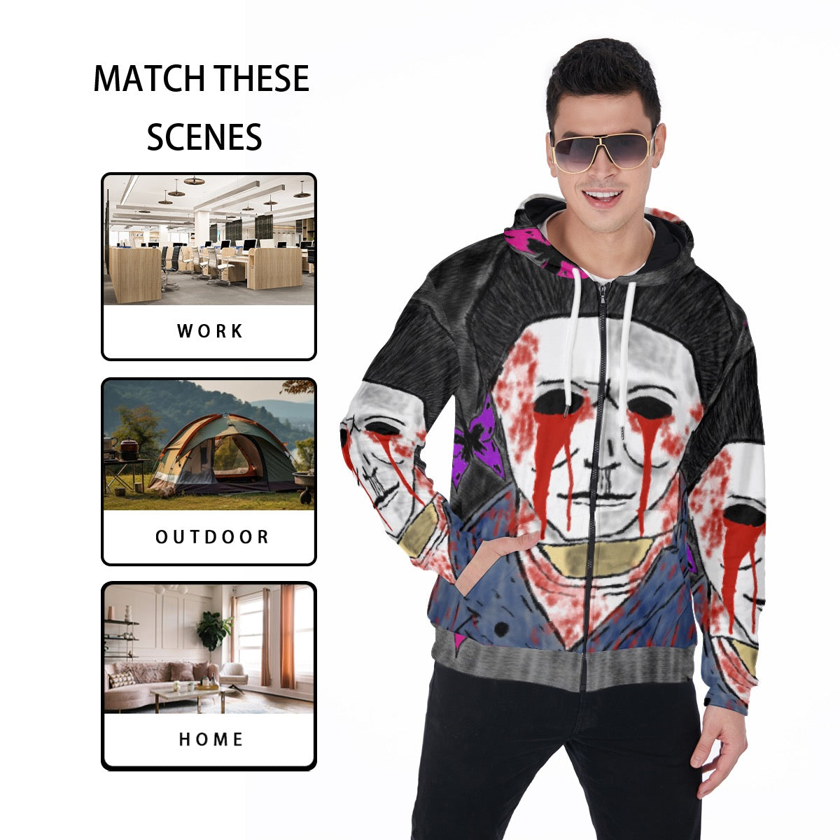 All-Over Print Zip Up Hoodie With Pocket