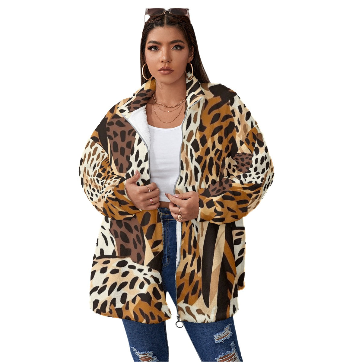 All-Over Print Unisex Borg Fleece Stand-up Collar Coat With Zipper Closure(Plus Size)