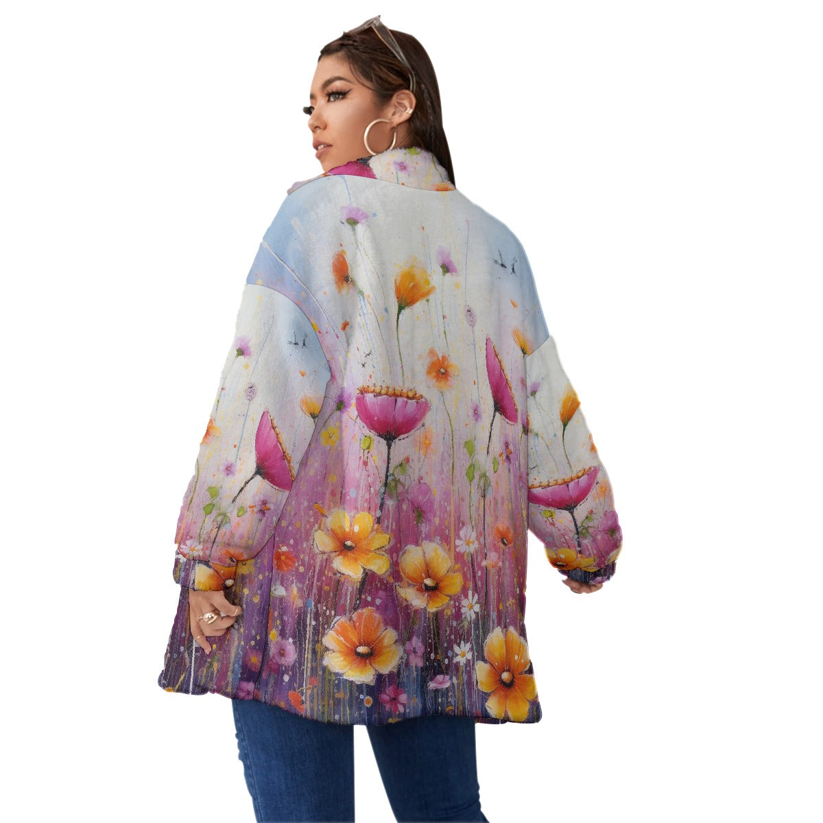All-Over Print Unisex Borg Fleece Stand-up Collar Coat With Zipper Closure(Plus Size)