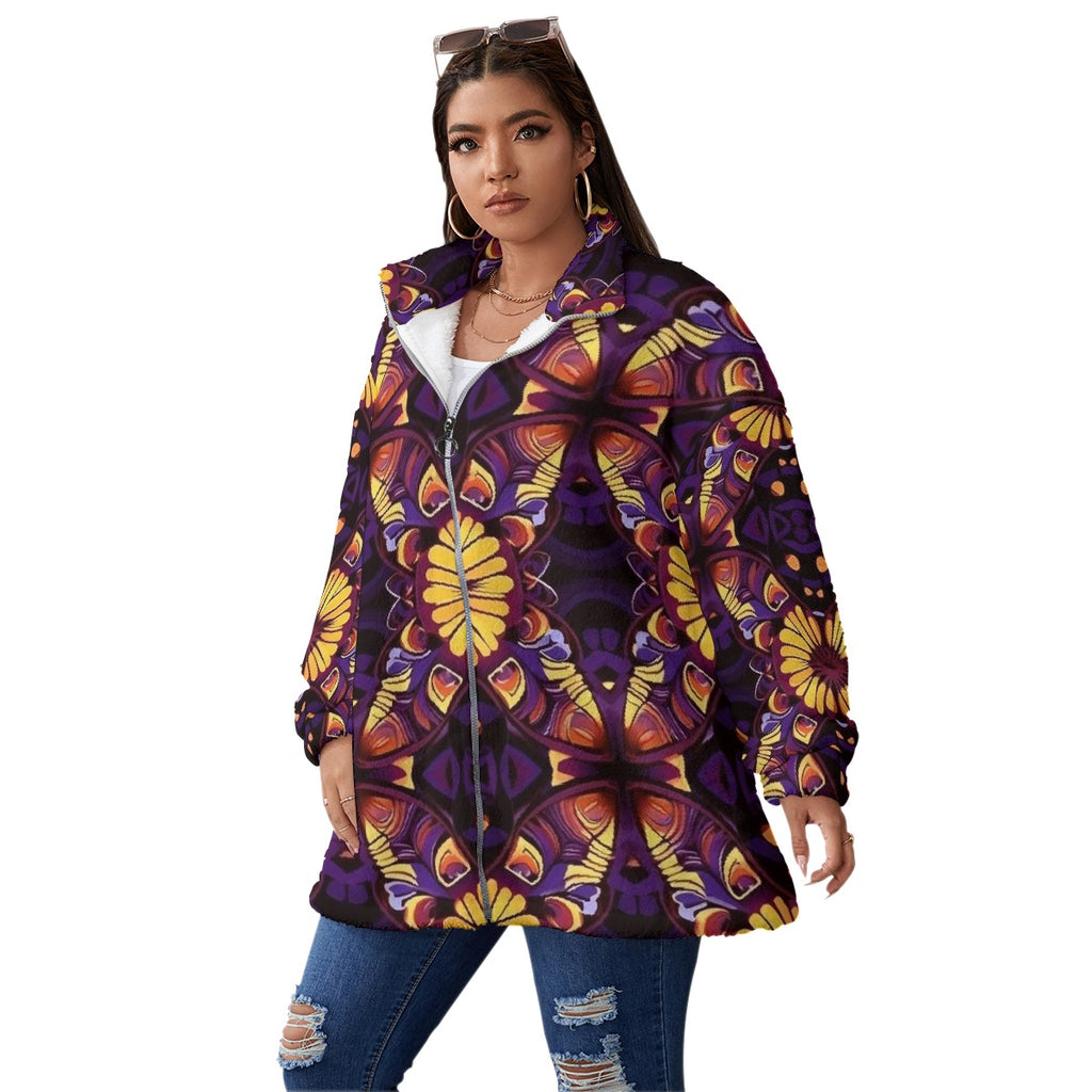 All-Over Print Unisex Borg Fleece Stand-up Collar Coat With Zipper Closure(Plus Size)