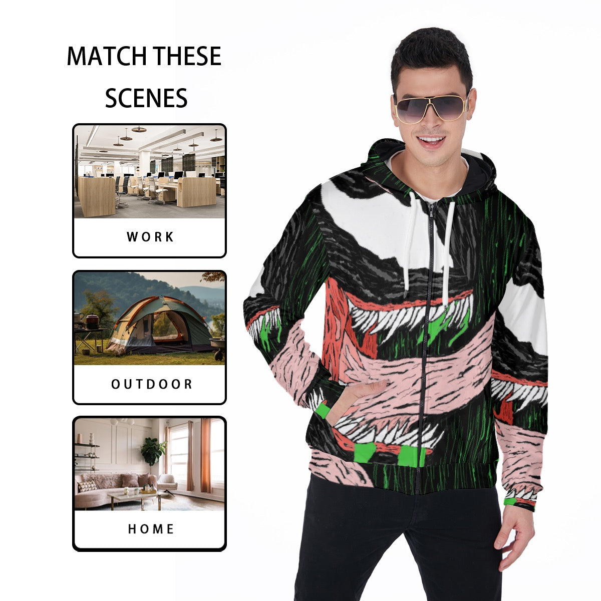 All-Over Print Zip Up Hoodie With Pocket