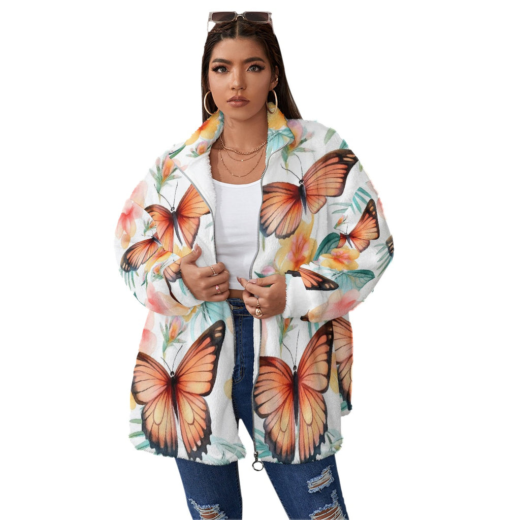 All-Over Print Unisex Borg Fleece Stand-up Collar Coat With Zipper Closure(Plus Size)
