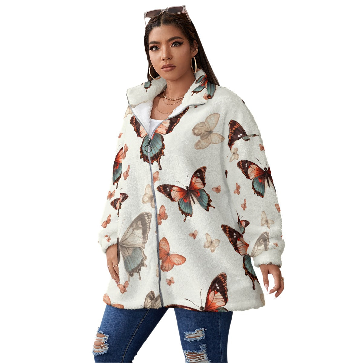 All-Over Print Unisex Borg Fleece Stand-up Collar Coat With Zipper Closure(Plus Size)