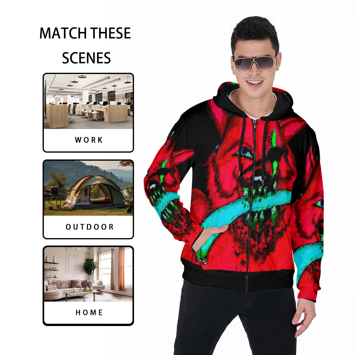 All-Over Print Zip Up Hoodie With Pocket