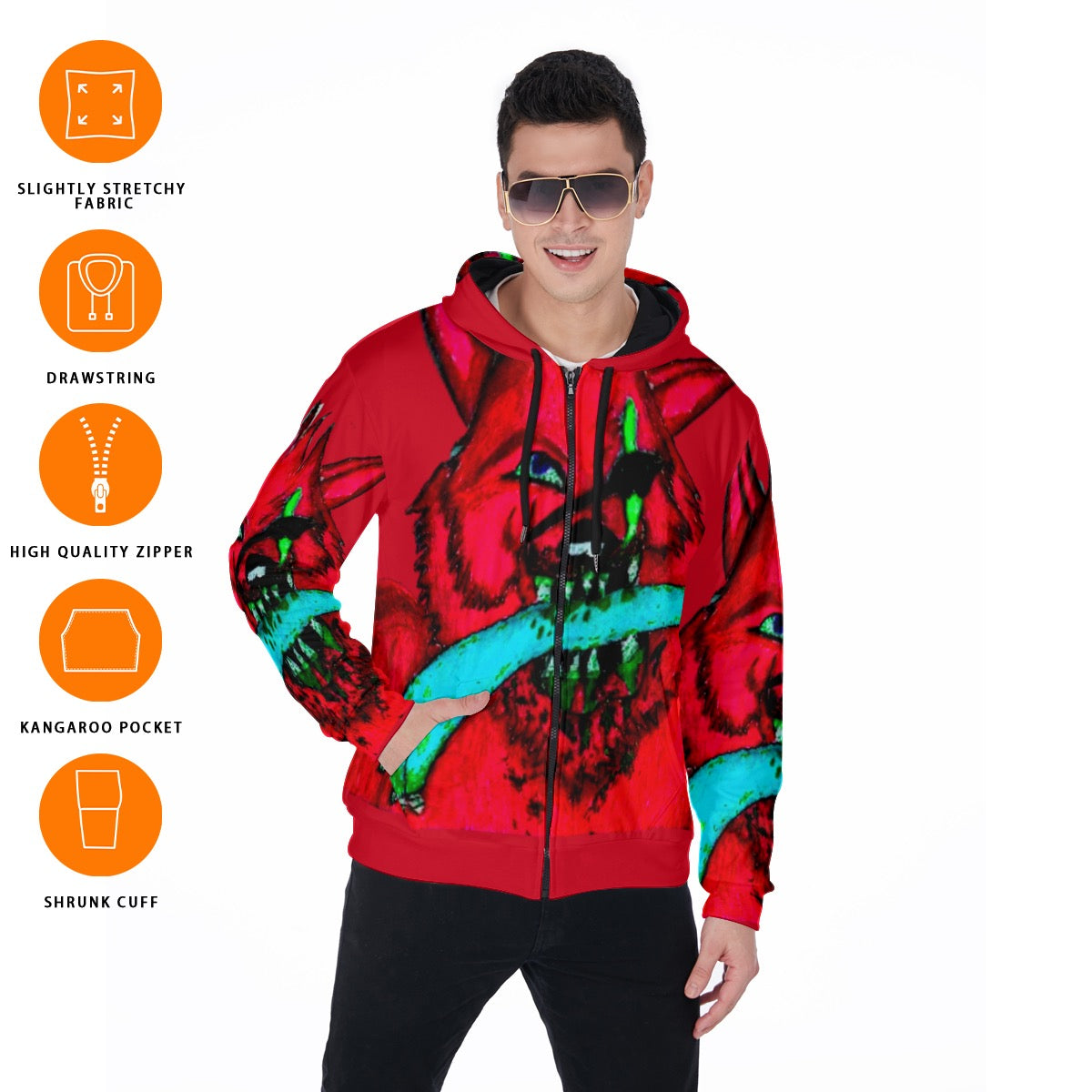 All-Over Print Zip Up Hoodie With Pocket