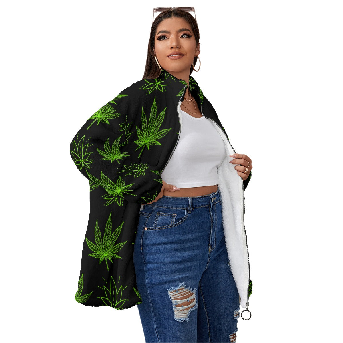 All-Over Print Unisex Borg Fleece Stand-up Collar Coat With Zipper Closure(Plus Size)