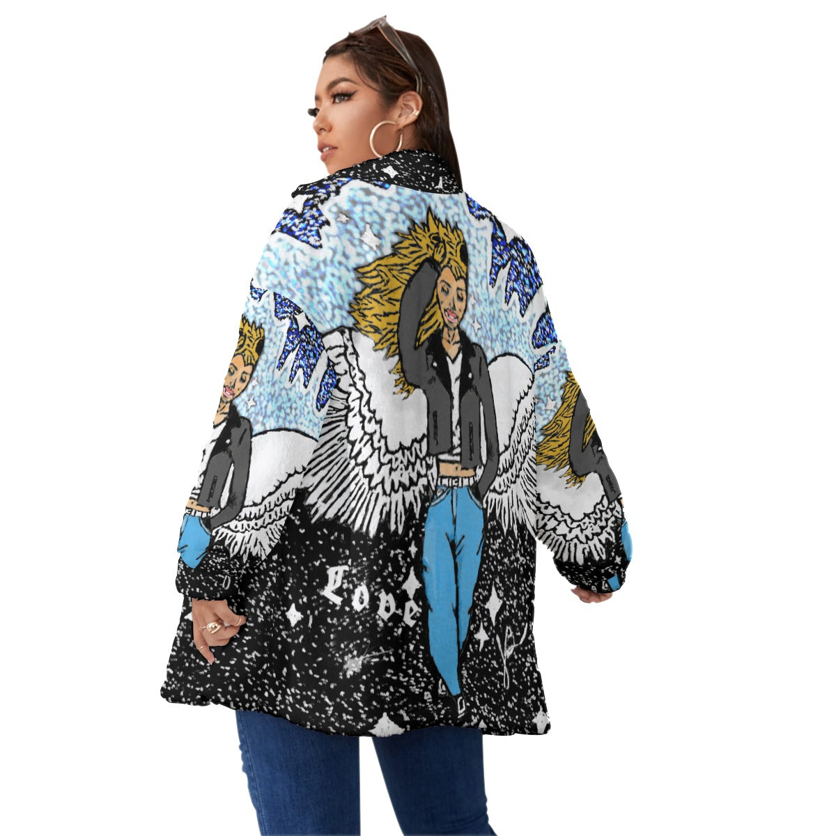All-Over Print Unisex Borg Fleece Stand-up Collar Coat With Zipper Closure(Plus Size)