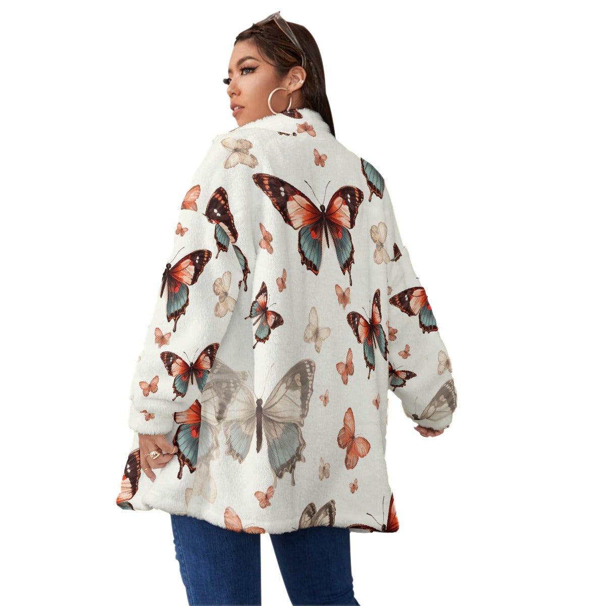 All-Over Print Unisex Borg Fleece Stand-up Collar Coat With Zipper Closure(Plus Size)