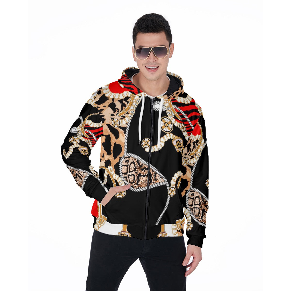 All-Over Print Zip Up Hoodie With Pocket