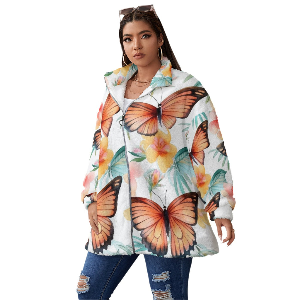 All-Over Print Unisex Borg Fleece Stand-up Collar Coat With Zipper Closure(Plus Size)