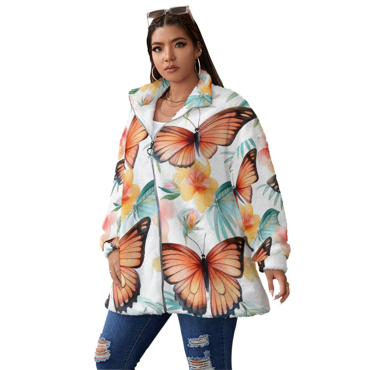 All-Over Print Unisex Borg Fleece Stand-up Collar Coat With Zipper Closure(Plus Size)