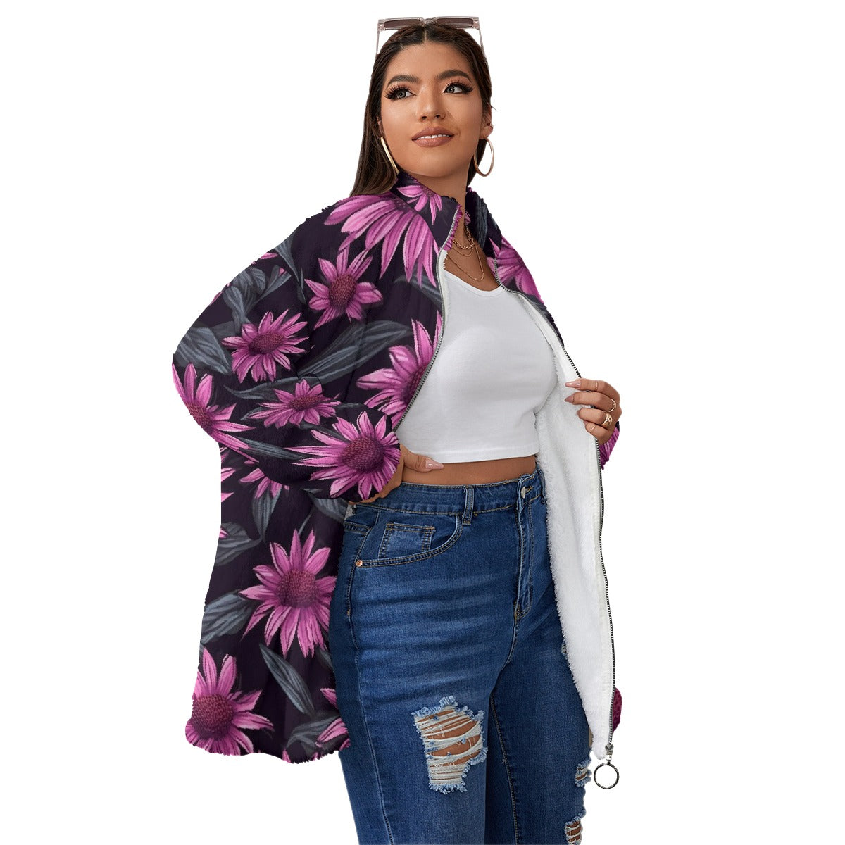 All-Over Print Unisex Borg Fleece Stand-up Collar Coat With Zipper Closure(Plus Size)