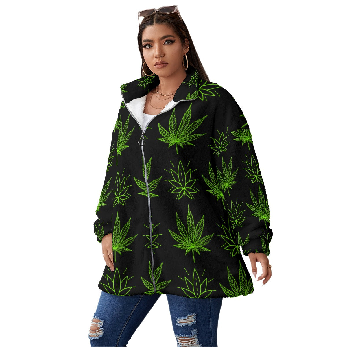 All-Over Print Unisex Borg Fleece Stand-up Collar Coat With Zipper Closure(Plus Size)