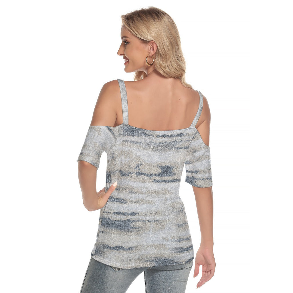 All-Over Print Women's Cold Shoulder T-shirt With Criss Cross Strips