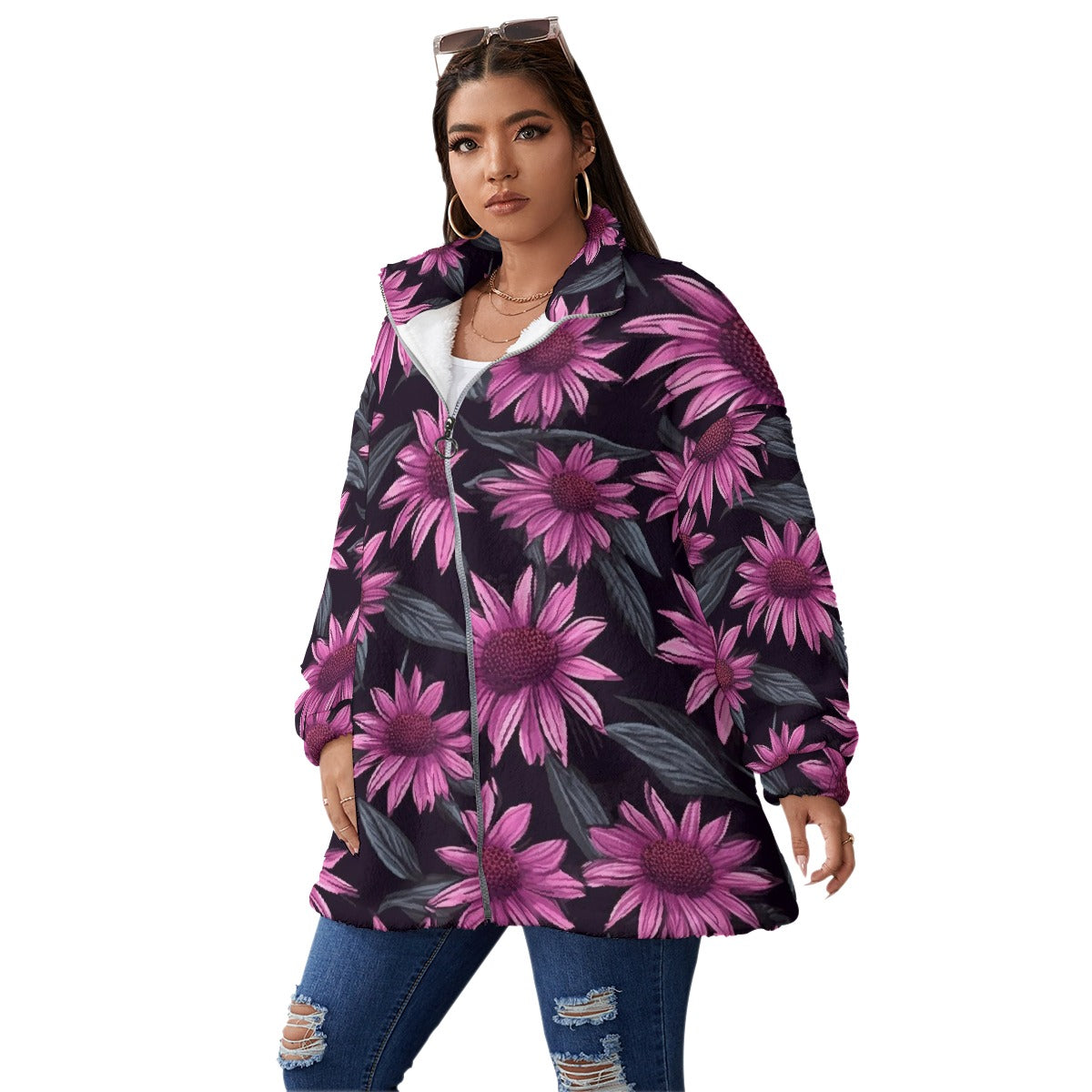 All-Over Print Unisex Borg Fleece Stand-up Collar Coat With Zipper Closure(Plus Size)