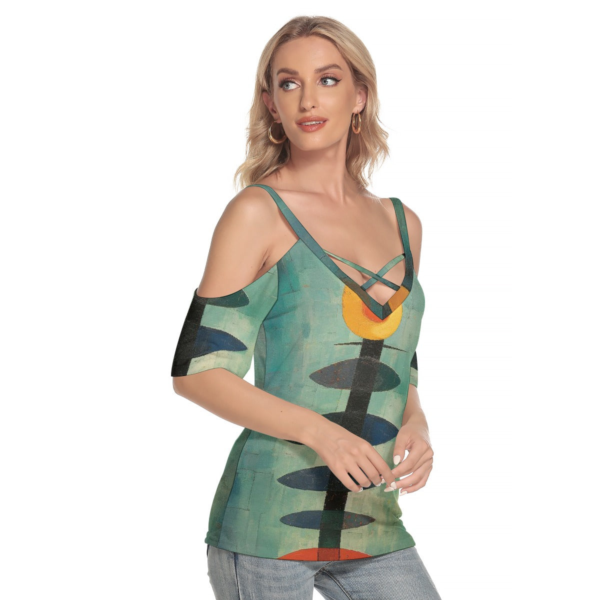 All-Over Print Women's Cold Shoulder T-shirt With Criss Cross Strips