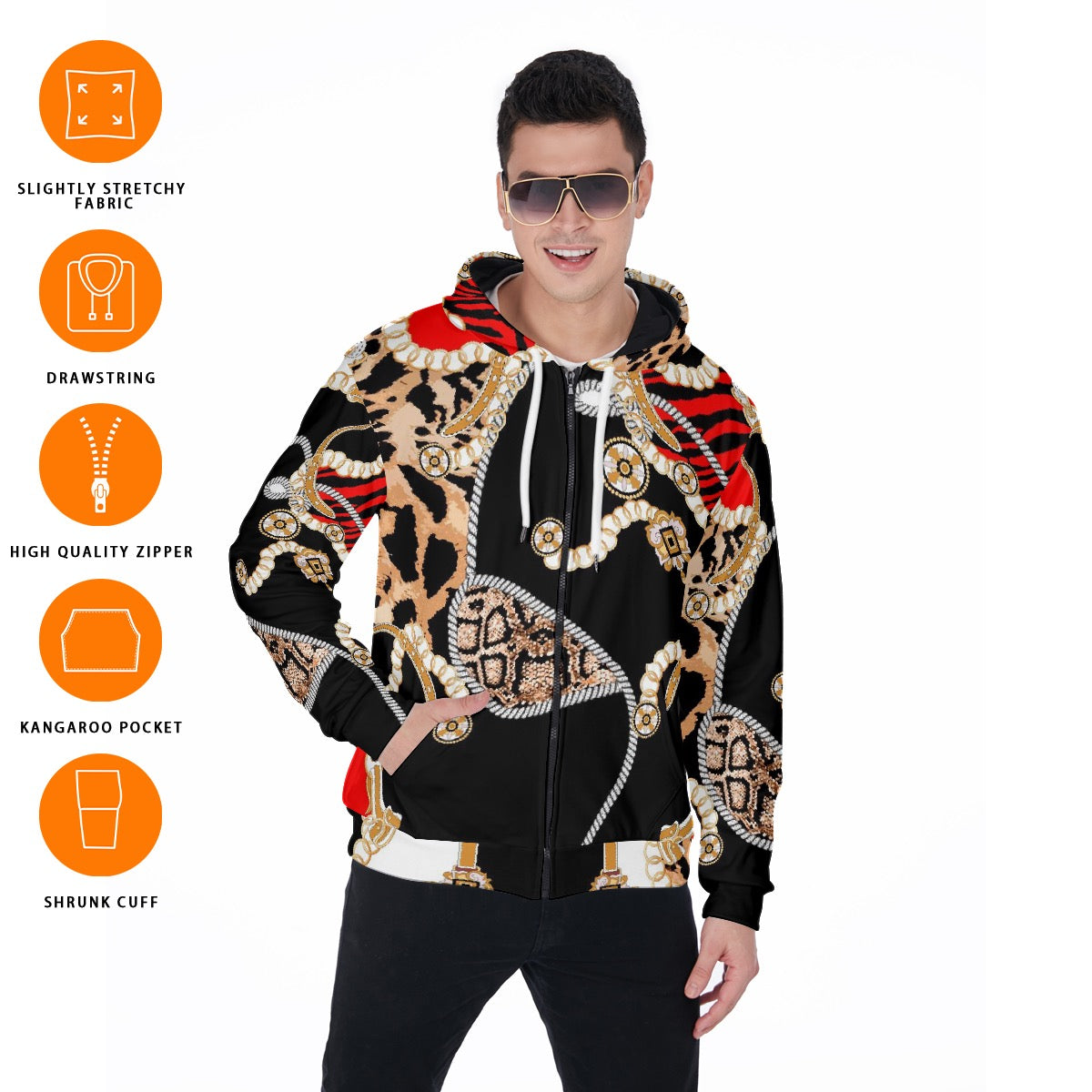 All-Over Print Zip Up Hoodie With Pocket