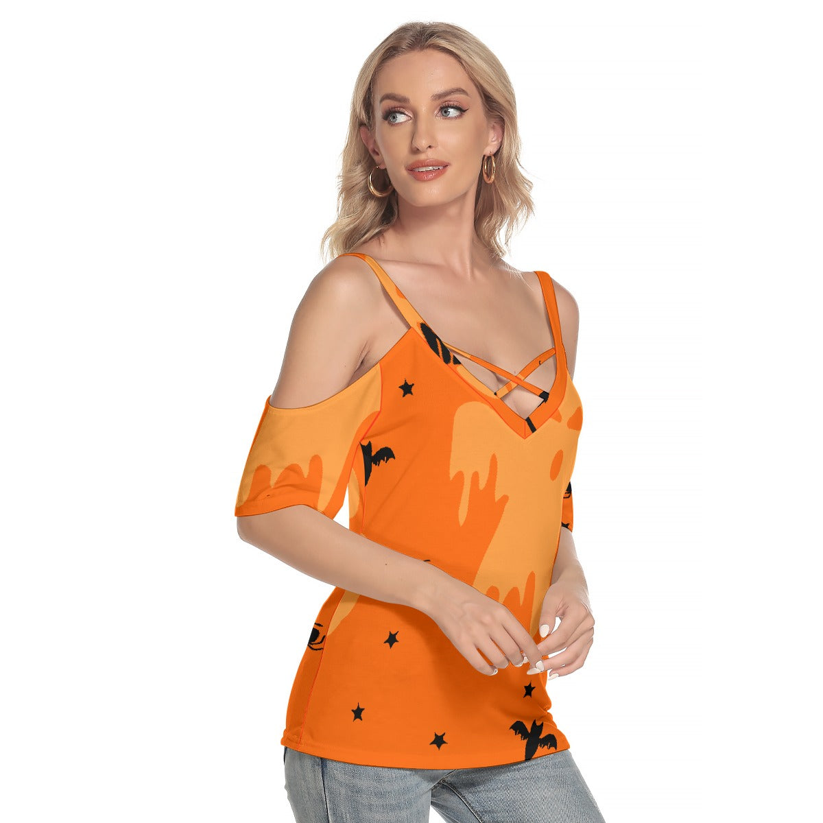 All-Over Print Women's Cold Shoulder T-shirt With Criss Cross Strips